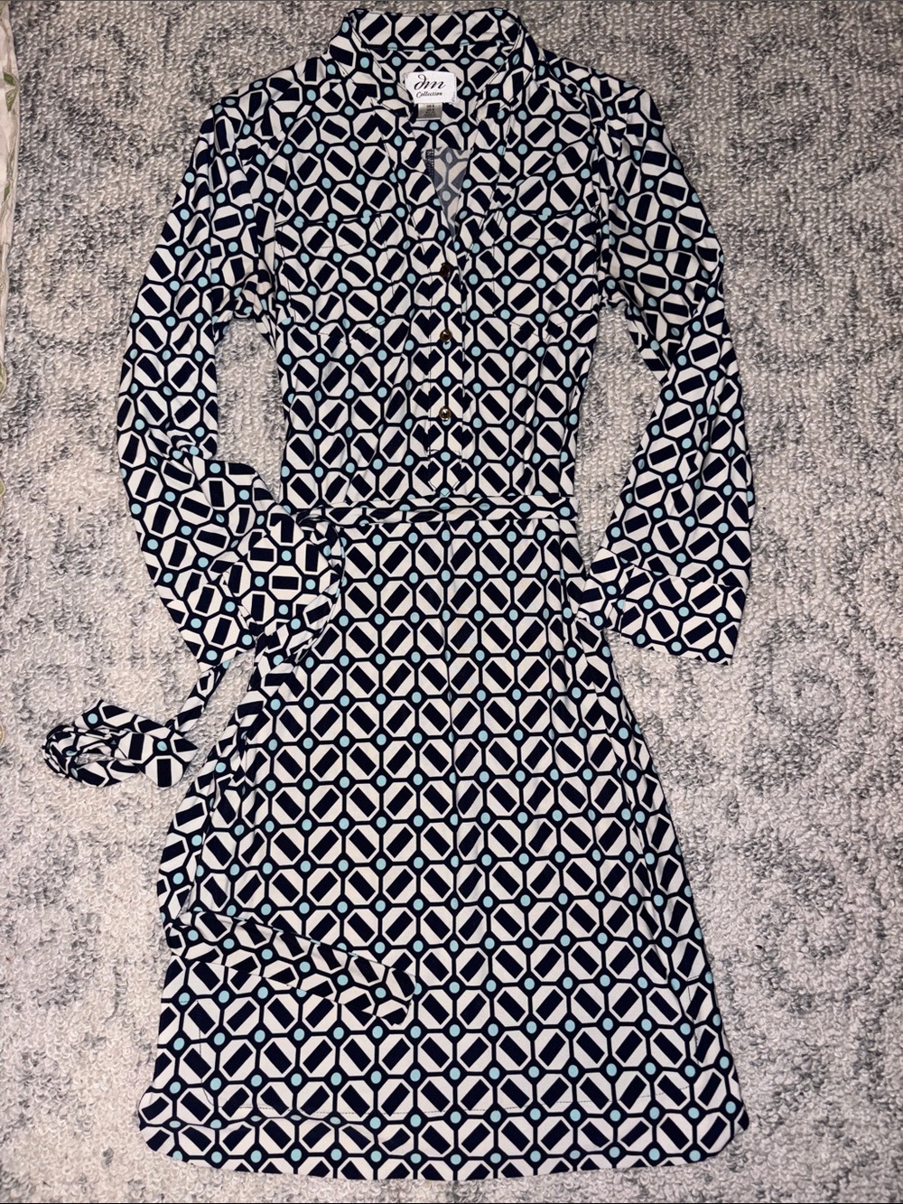 DM Collection Blue and White Geometric Long Sleeve Shirt Dress with Teal Dots